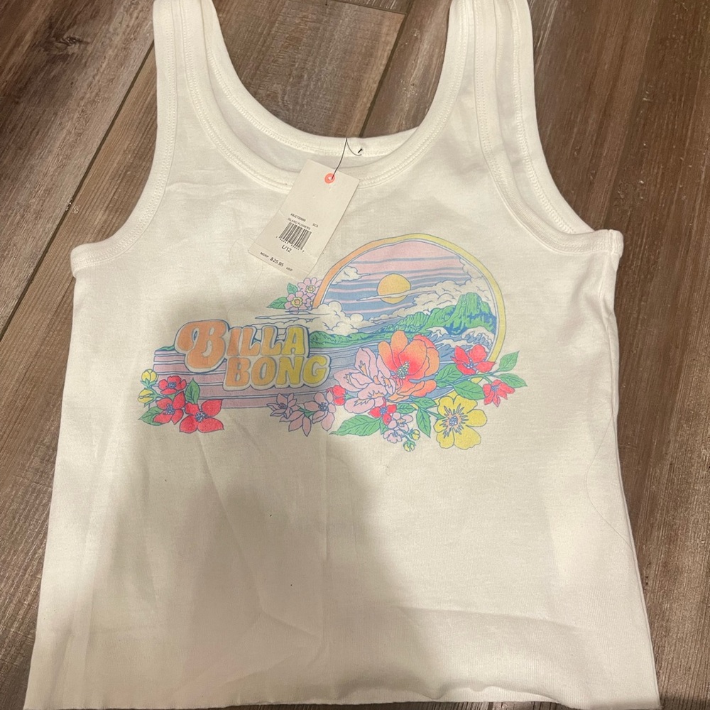 Billabong White Tank Top with Floral and Sunset Design